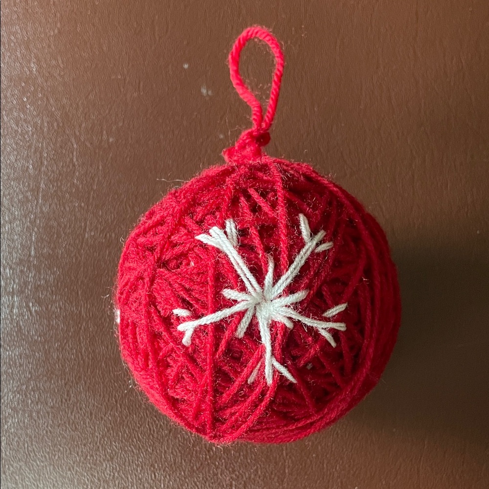 VTG Red Yarn Ball Ornament with White Snowflake